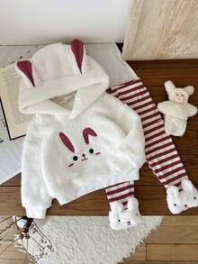 SHEIN 2pcs Baby Girls Rabbit Embroidery Hoodie Sweatshirt With Rabbit Ears And White Striped Fuzzy Trim Pants Set, Fashionable And Cute - Red - View 5