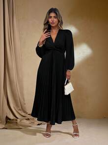 Roveilla Đầm xòe dài tay dáng rộng thiết kế thắt nút xoắn thanh lịch mới dành cho nữ cỡ lớn, dáng xòe xếp ly, dự tiệc và công sở - màu đen - Xem 3