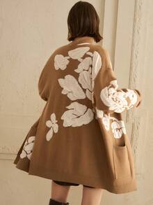 Arave Conjunto de 2 piezas de mujer con suéter de cuello alto tejido con estampado floral vintage, conjunto informal para otoño/invierno - Camel - Ver 2
