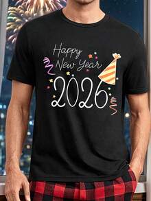 Manfinity Homme T-shirt standard noir à manches courtes pour hommes, T-shirt motif 2026 mignon, convient pour les rassemblements familiaux