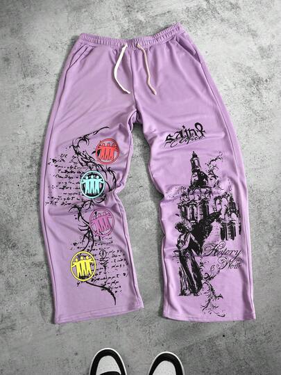 Street Life Pantalon de survêtement décontracté pour hommes avec cordon de serrage à la taille et poches, imprimé de lettres et graphiques