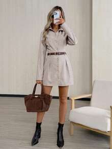 Easowa Vestido corto casual y holgado de estilo vintage con botones metálicos y manga larga para mujeres, otoño/invierno