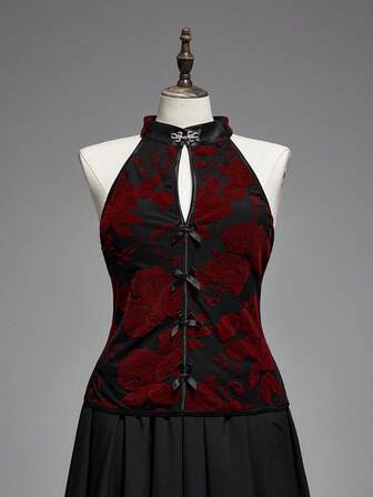 ROMWE Avant Canotta con scollo a V in velluto con motivo in rilievo, stile cinese, sexy, taglie comode