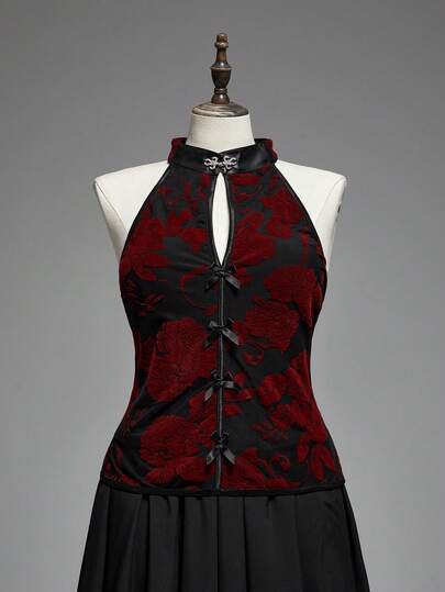 ROMWE Avant Canotta con scollo a V in velluto con motivo in rilievo, stile cinese, sexy, taglie comode