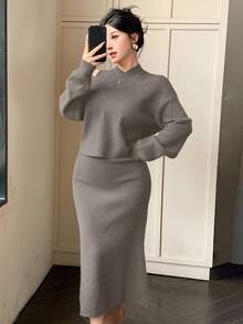 DAZY 女士纯色落肩长袖毛衣和立领无袖针织连衣裙优雅两件套，秋冬款 - 卡其色 - 查看 2