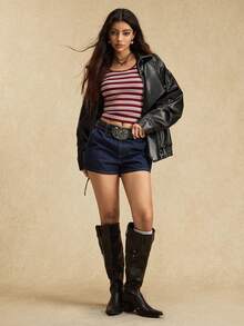 Easelle Quần short denim nữ kiểu dáng vintage thường ngày, phối họa tiết ngôi sao đỏ, có túi, thích hợp mặc đi biển mùa hè. - Màu xanh lam - Xem 8