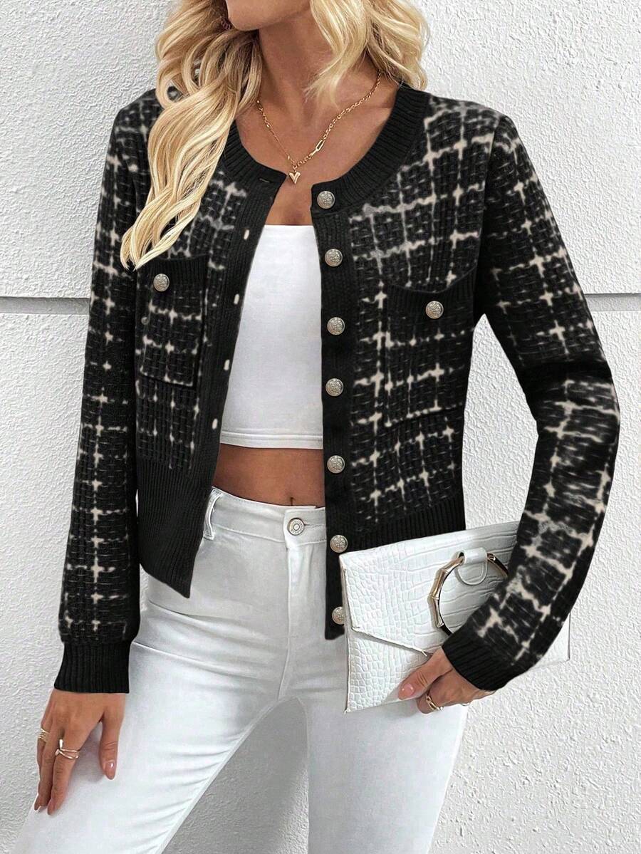 EMERY ROSE Áo khoác cardigan dệt kim đơn hàng khuy kim loại kẻ caro dành cho nữ, Thu/Đông - màu đen - Xem 1