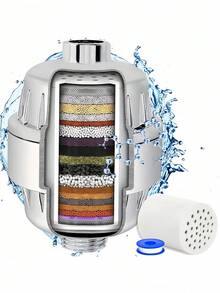 FILTRO DE DUCHA - Filtro de cabezal de ducha de 20 etapas para agua dura con cartuchos de filtro reemplazables para eliminar sustancias y olores no deseados - Filtro de ducha de alta presión para el cabello y la piel (Cromo) - Beis - Ver 9