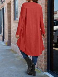 SHEIN Plus Size Solid Color Long Asymmetrical Hem Round Neck Long Sleeve T-Shirt Fall Cloth For Women - Red - View 2