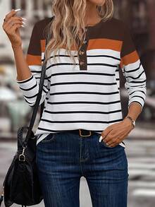 SHEIN LUNE Women Casual Striped Print Contrast Color Half-Button Cardigan Long Sleeve T-Shirt, Spring & Autumn Graphic Tees Women Tops For Spring - Multicolor - View 5