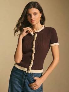 Poéselle Áo khoác cardigan dệt kim gân sọc cài nút phía trước viền tương phản dành cho nữ, áo len nữ màu nâu sô cô la, áo dệt kim mùa xuân dành cho nữ. - màu nâu - Xem 3