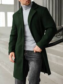 Manfinity Mode Plus Size Men's Casual Solid Color Notched Collar Single-Breasted Wool Blend Coat, Autumn/Winter Men Long Coat Men Outerwear