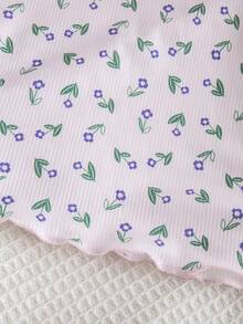 4件套女童针织圆领纽扣前襟罗纹面料碎花图案休闲家居服套装，百搭时尚，秋冬款 - 彩色 - 查看 4