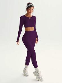 Gameset SHEIN Sport 女士纯色无缝高弹力短款上衣和紧身裤运动套装 - Bold Plum - 查看 3