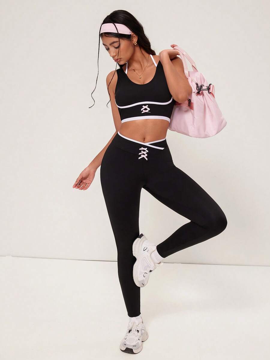 Medorelle Bộ đồ tập yoga 2 món viền đen trắng dành cho nữ - màu đen - Xem 1