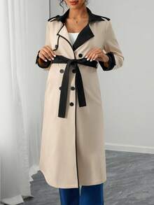 Momance معطف أنيق للحوامل بأكمام طويلة وحزام مزدوج الصدر بألوان متباينة