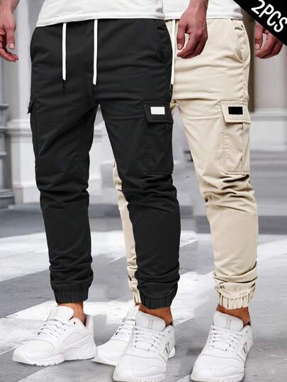 Manfinity Homme Men's Solid Color Patch Drawstring Waist Casual Cargo Pants Men Cargos Men Joggers 2 Piece Set Men Pants Designer Pants For Men Streetwear Men Pants