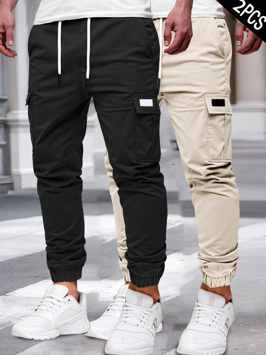 Manfinity Homme 男士纯色拼接抽绳腰休闲工装裤 - 彩色 - 查看 1