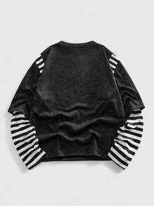 ROMWE MEN Anime Áo thun nam tay dài sọc 2 trong 1 - màu đen - Xem 2