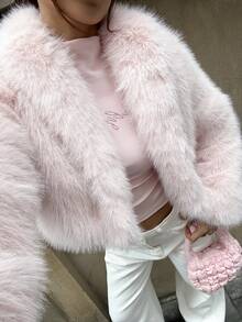 Flirla 1件女士奢华优雅仿毛皮内衬外套，酒红色 - 淺粉色 - 查看 6