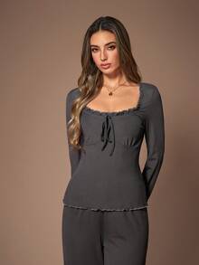 Lazeform 女士休闲纯色方领长袖上衣和裤子睡衣套装 - 深灰色 - 查看 6