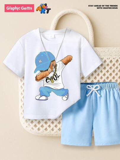 Set de 2 piezas de camiseta de manga corta de cuello redondo con estampado de oso y pantalones cortos azules sueltos para niños pequeños, para verano