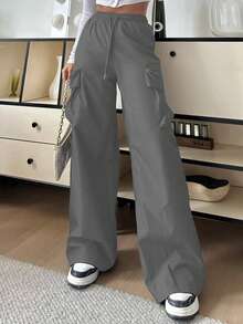 SHEIN EZwear 女士休闲纯色高腰阔腿裤 - 灰色 - 查看 5