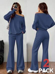 SHEIN EZwear Bộ đồ tập luyện hai mảnh, áo len dệt kim trơn màu xám rộng thùng thình trễ vai cổ bất đối xứng tay dài và quần ống loe cho nữ mùa xuân/hè - Màu xanh ngọc - Xem 4