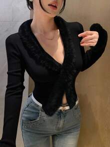 DAZY Áo khoác cardigan cổ chữ V có tua rua chắp vá cho nữ, mùa thu - màu đen - Xem 1