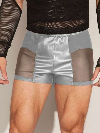 FeverCity Men's Elastic Leather Patchwork Mesh Shorts, Summer