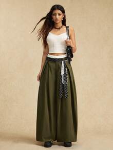 Easelle Casual Vintage Women's High Waist Pleated Wide Leg Loose Casual Pants Color Blocking Double Waistband Design Green  Bohemia Bohe Chic  Summer - Army Green - View 8