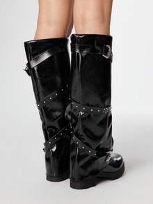 ROMWE 女士亮面搭扣设计时尚粗跟过膝长靴 - 黑色 - 查看 5