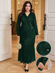 Modelyn Vestido elegante de manga larga con volantes, encaje floral y parches para mujer de talla grande - Verde Oscuro - Ver 6