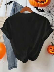 Camiseta holgada de cuello redondo con gráfico floral y fantasma lindo para mujer - Negro - Ver 2
