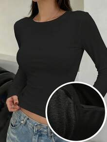 FRIFUL 女款純色圓領休閒百搭保暖內裡長袖T恤，秋冬校園穿搭 - 黑色 - 查看 2