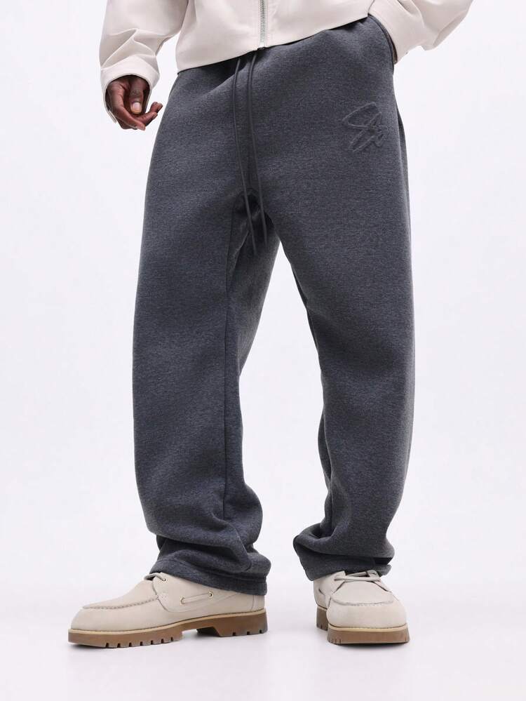 SUMWON Straight Fit Heathered Sweatpants With Embossed Side Graphic And Elastic Waistband Casual Loungewear Bottoms For Everyday Comfort And Relaxed Style Winter Wear Plain