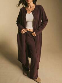 Poéselle 女士休闲纯色开衫和针织裤两件套，秋冬 - 棕色 - 查看 4