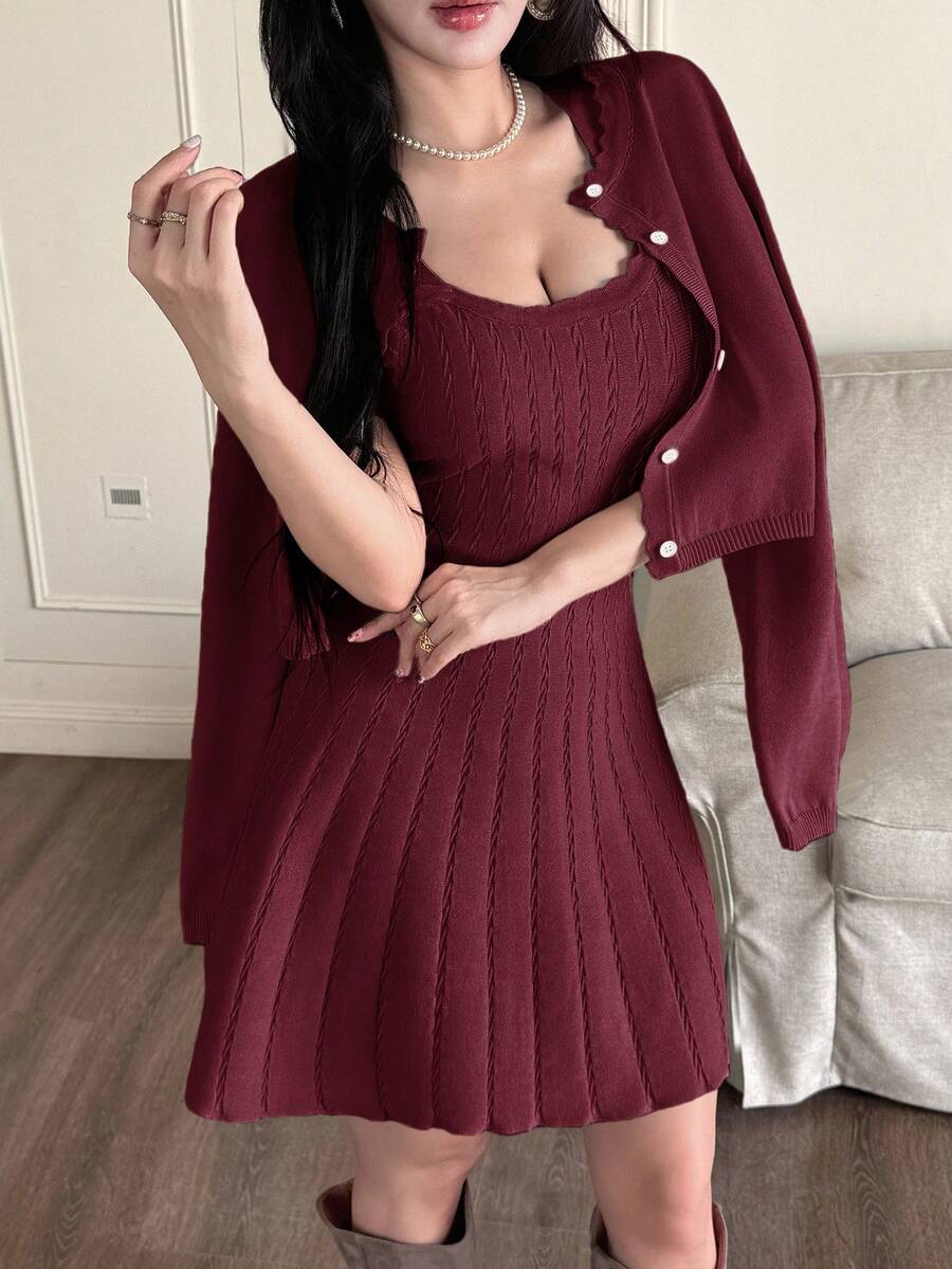 Feyla 2 piezas Conjunto de vestido y cárdigan de punto oversize para mujer, traje de vestido de suéter de otoño/invierno - Burdeos - Ver 1