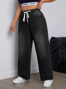 SHEIN ICON Plus Size Women Vintage Washed Denim Jeans, Autumn/Winter - Dark Grey - View 4