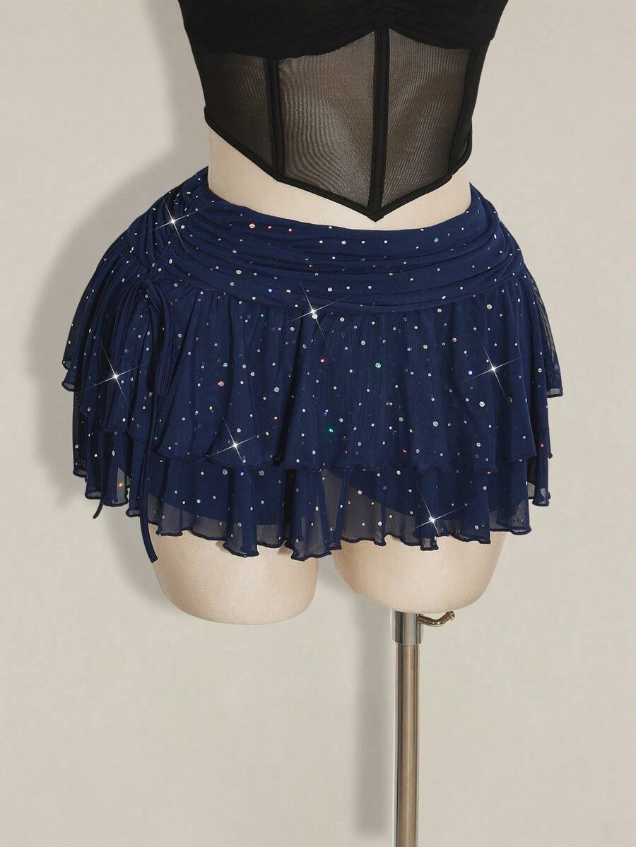 SHEIN ICON Plus Size Ruched Tie-Up High Slit Layered Glitter Mesh Mini Skirt - Navy Blue - View 1