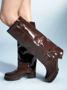 Sugerpunk Women's Buckle Design Fashion Everyday Versatile Knee-High Boots For Christmas - Brown - View 4