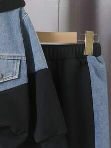 SHEIN Streecool Kids 4-7 Years Old Boys Vintage Stylish Casual Hooded Patchwork Denim Zip-Up Jacket & Elastic Waist Patchwork Denim Pants 2 Pieces Set, Autumn/Winter - Black - View 7