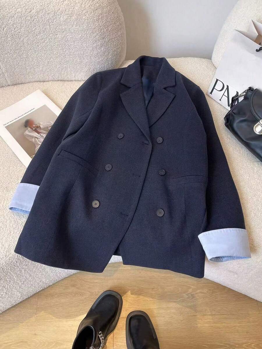 Airaco 女式双排扣翻领休闲西装外套 - 藏蓝色 - 查看 1