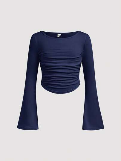 SHEIN Girlism Tween Girl Fitted Casual Crew Neck Ruffle Flare Sleeve Long Sleeve T-Shirt, Long Sleeve Tops