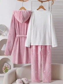 Winter 3pcs Teen Girls Crown Print Pajama Set, Pink Long Pants & Long Sleeve Top - Pink - View 2