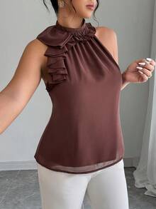 Elenzga Ruched Sleeveless Blouse, Intellectual And Elegant - Brown - View 3