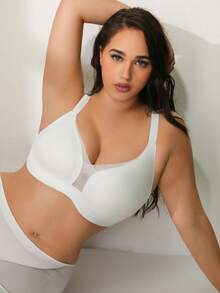 大码女士无缝无钢圈文胸，带凝胶垫，柔软支撑，性感网纱，舒适显瘦文胸 - 白色 - 查看 8