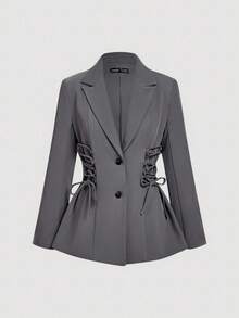 SHEIN MOD 2pcs Vintage Lace-Up Decor Long Sleeve Top And Wide Leg Pants Suit Set,Fall - Grey - View 8