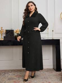 Modelyn Ribbed Knit Patchwork Faux Fur Collar Long Sleeve Elegant Fashionable Romantic Plus Size Dress - Black - View 6