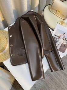 Franclia 大码秋冬长袖大口袋纯色休闲棕色PU皮夹克